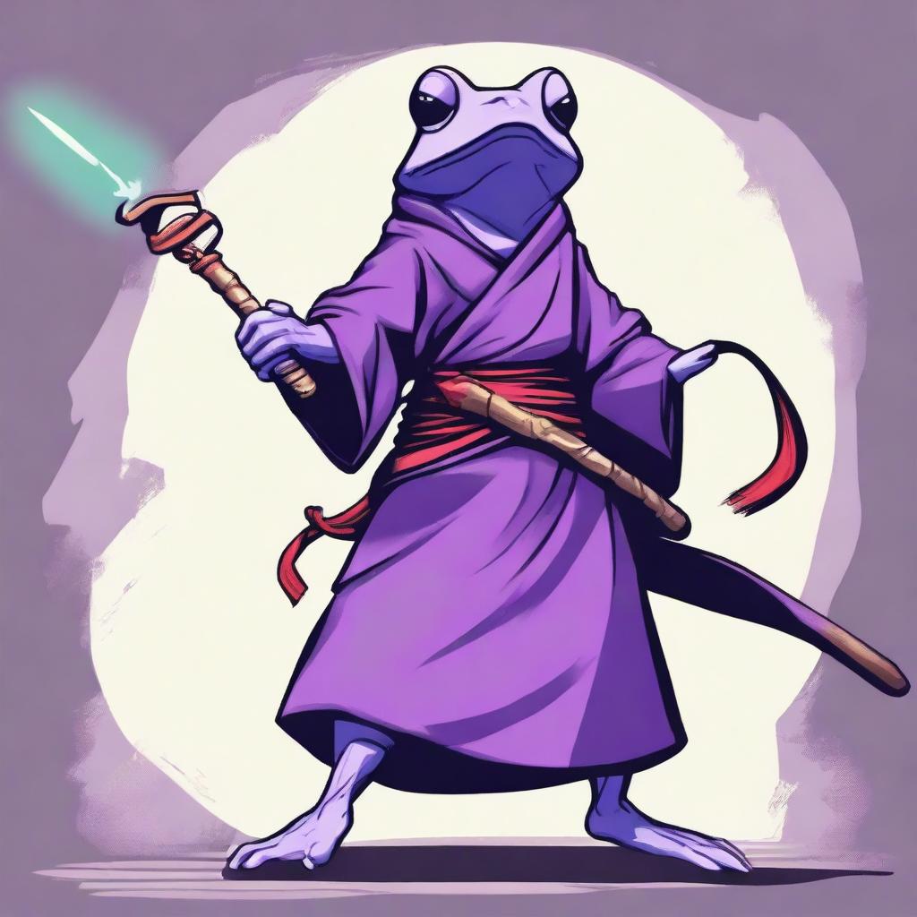 A purple frog fighter, depicted as a female monk, stands in an aggressive fighting stance