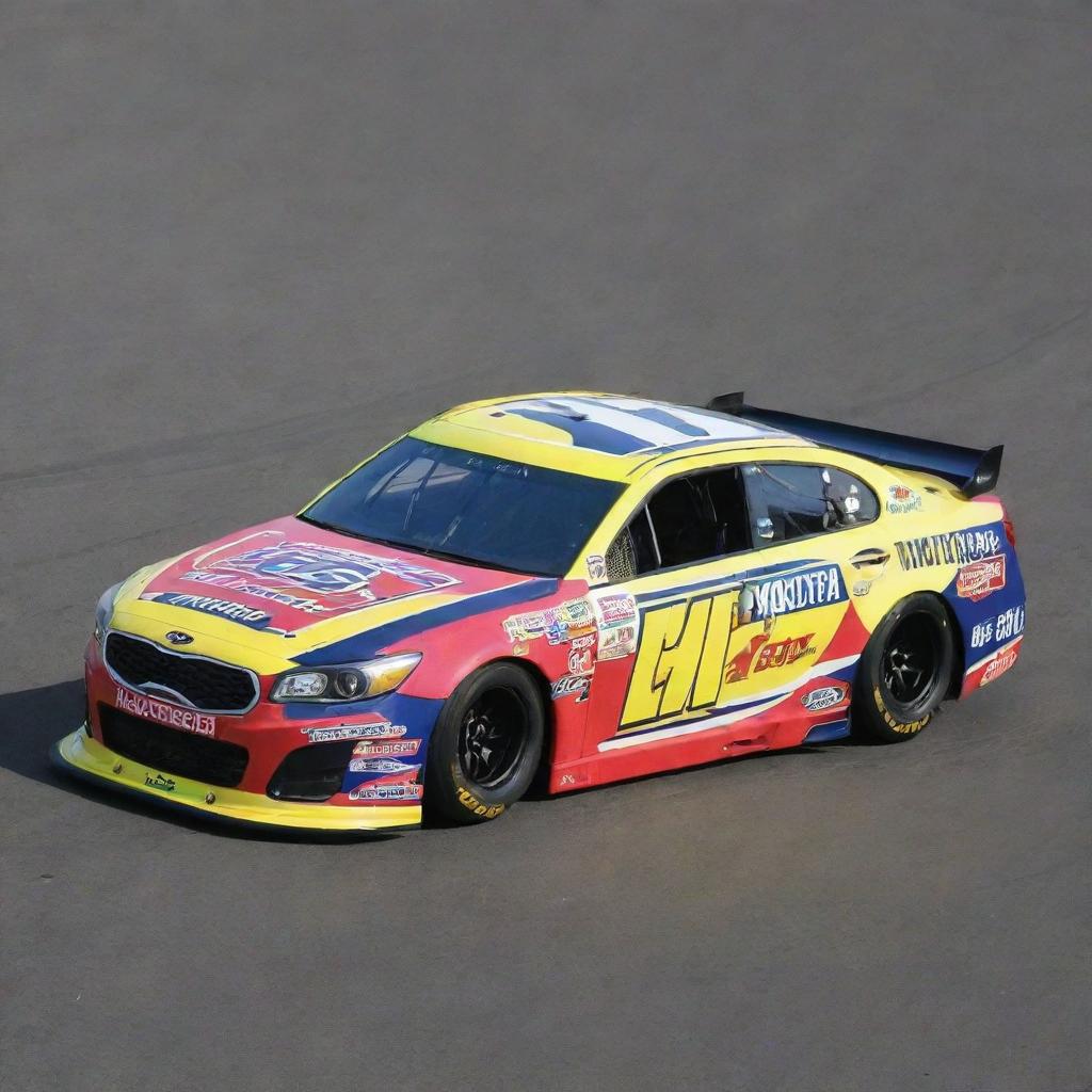 A Kia car reinterpreted in NASCAR style, showcasing vibrant colors, racing enhancements, and adorned with a myriad of sponsor logos.