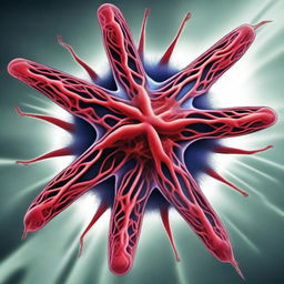 A comic-style illustration of a star-shaped virus cell with red veins inside an organism