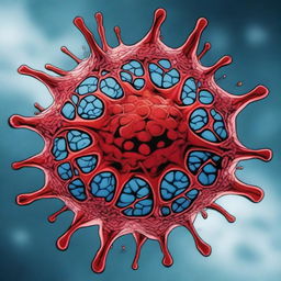 A comic-style illustration of a star-shaped virus cell with red veins inside an organism