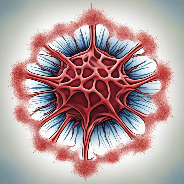 A comic-style illustration of a star-shaped virus cell with red veins inside an organism