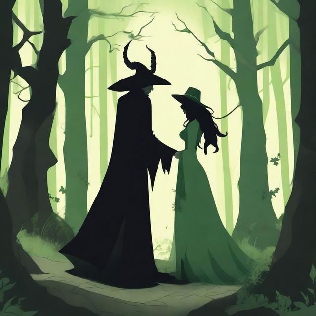 A fantasy scene depicting a forbidden romance between an adult female witch and a male demon