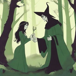 A fantasy scene depicting a forbidden romance between an adult female witch and a male demon