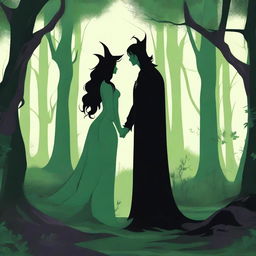 A fantasy scene depicting a forbidden romance between an adult female witch and a male demon