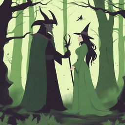 A fantasy scene depicting a forbidden romance between an adult female witch and a male demon