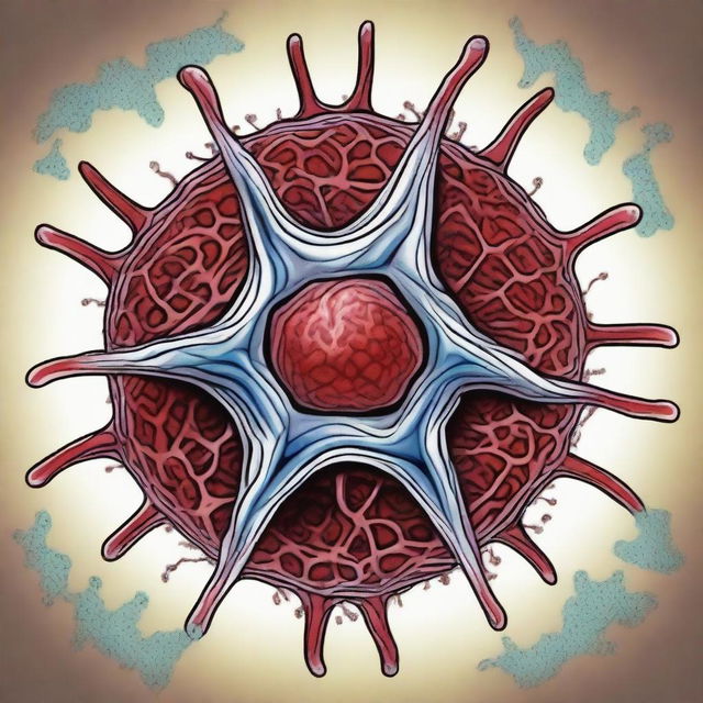 A comic-style illustration of a star-shaped virus cell with red veins inside an organism