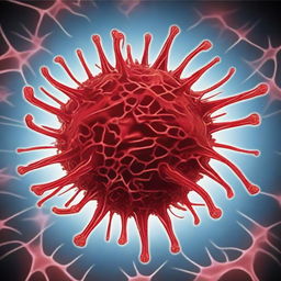 A comic-style illustration of a star-shaped virus cell with red veins inside an organism