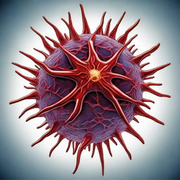 A comic-style illustration of a star-shaped virus cell with red veins inside an organism