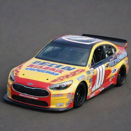 A Kia car reinterpreted in NASCAR style, showcasing vibrant colors, racing enhancements, and adorned with a myriad of sponsor logos.