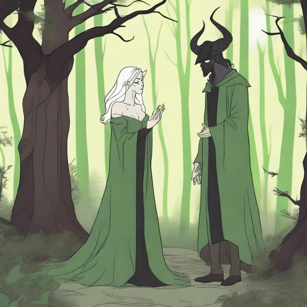 A fantasy scene depicting a forbidden romance between an adult female witch and a male demon