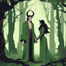 A fantasy scene depicting a forbidden romance between an adult female witch and a male demon