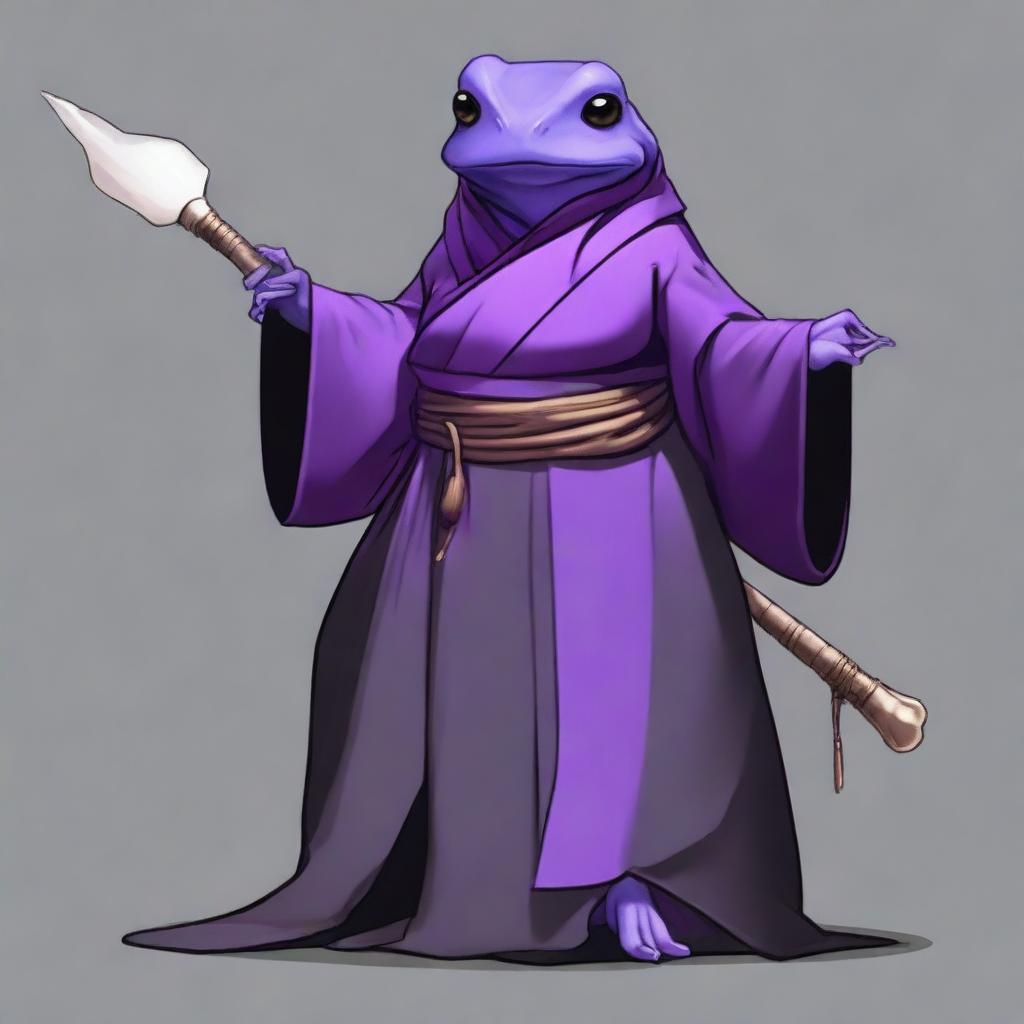 A female purple frog monk is depicted holding a spear and a bone