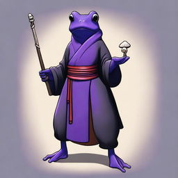 A female purple frog monk is depicted holding a spear and a bone