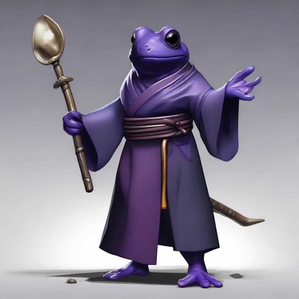 A female purple frog monk is depicted holding a spear and a bone