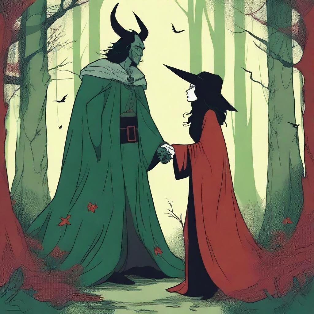 A fantasy scene depicting a forbidden romance between an adult female witch and a male demon