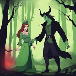 A fantasy scene depicting a forbidden romance between an adult female witch and a male demon