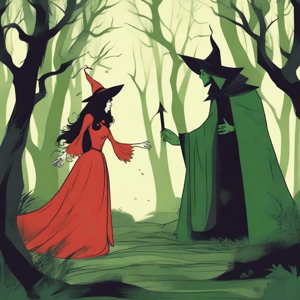 A fantasy scene depicting a forbidden romance between an adult female witch and a male demon