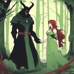 A fantasy scene depicting a forbidden romance between an adult female witch and a male demon