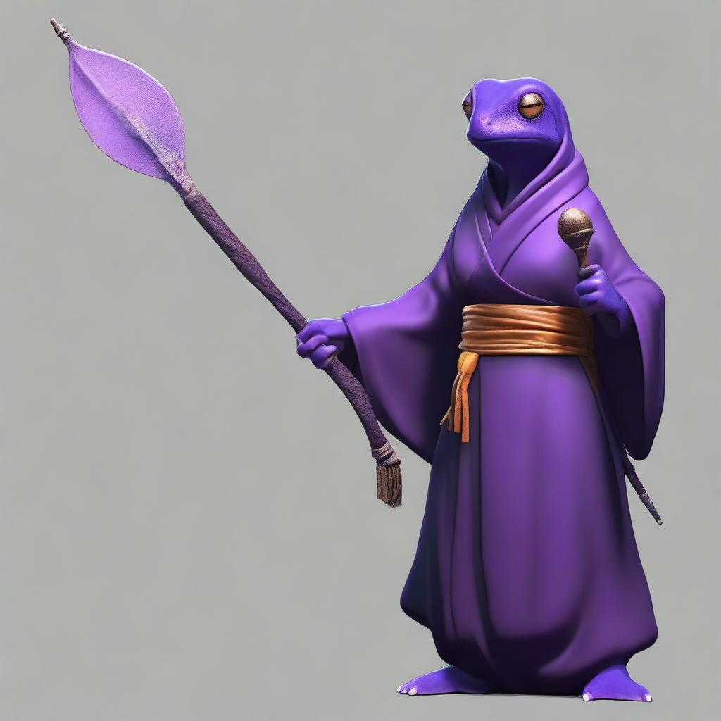 A female purple frog monk is depicted holding a spear