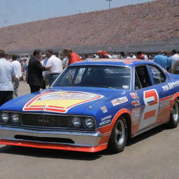 A Plymouth car remoulded in the NASCAR style, flaunting dramatic colors, race-ready modifications, and garnished with assorted sponsor decals.