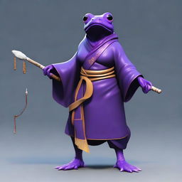 A female purple frog monk is depicted holding a spear