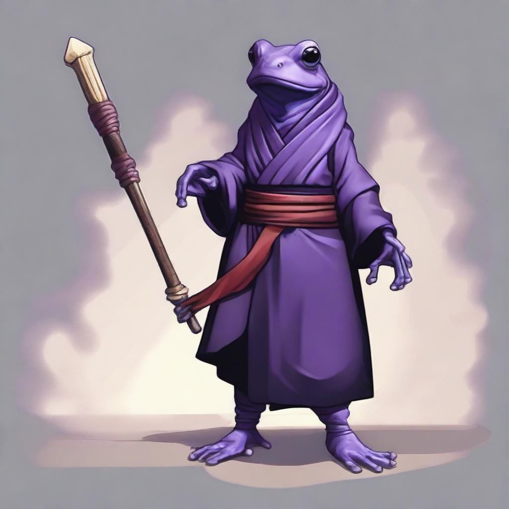 A female purple frog monk is depicted holding a spear