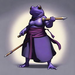 A female purple frog monk is depicted holding a spear