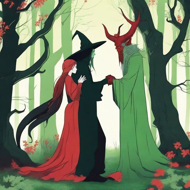 A fantasy scene depicting a forbidden romance between an adult female witch and a male demon