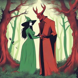 A fantasy scene depicting a forbidden romance between an adult female witch and a male demon