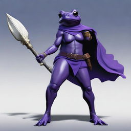 A female purple frog fighter is depicted holding a spear