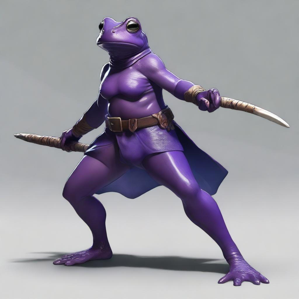 A female purple frog fighter is depicted holding a spear