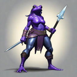 A female purple frog fighter is depicted holding a spear