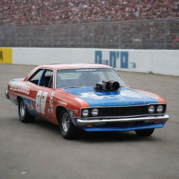 A Plymouth car remoulded in the NASCAR style, flaunting dramatic colors, race-ready modifications, and garnished with assorted sponsor decals.