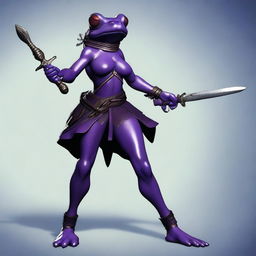 A female purple frog fighter is depicted holding a spear