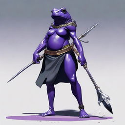 A female purple frog fighter is depicted holding a spear