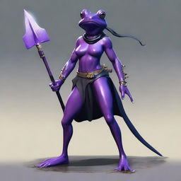 A female purple frog fighter is depicted holding a spear