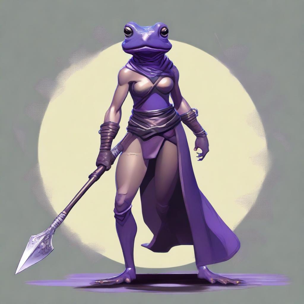 A female purple frog fighter is depicted holding a spear