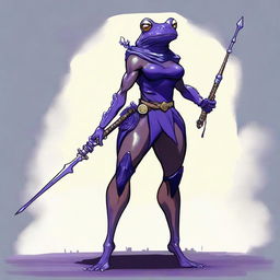 A female purple frog fighter is depicted holding a spear