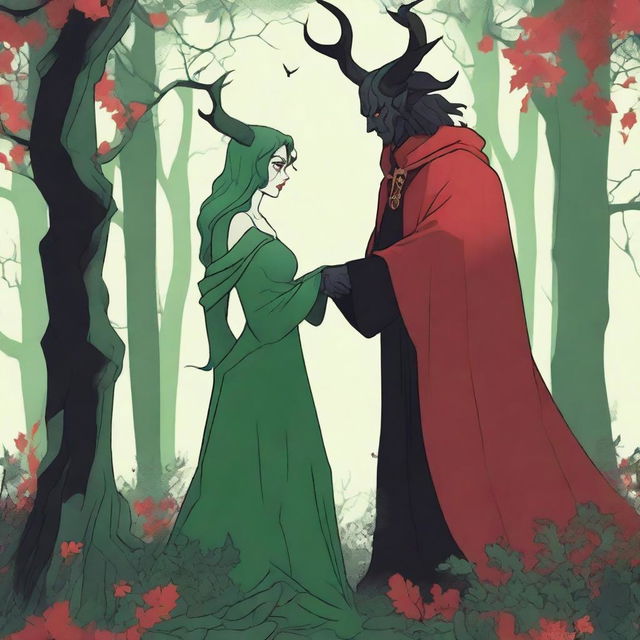 A fantasy scene depicting a forbidden romance between an adult female witch and a male demon