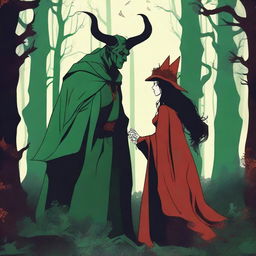 A fantasy scene depicting a forbidden romance between an adult female witch and a male demon