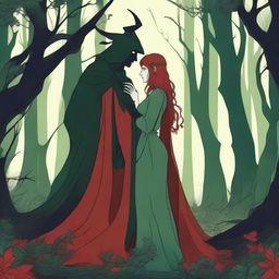 A fantasy scene depicting a forbidden romance between an adult female witch and a male demon