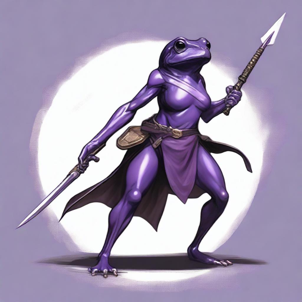 A female purple frog fighter is depicted holding a spear