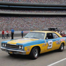 A Plymouth car remoulded in the NASCAR style, flaunting dramatic colors, race-ready modifications, and garnished with assorted sponsor decals.