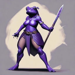 A female purple frog fighter is depicted holding a spear