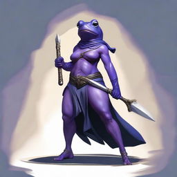 A female purple frog fighter is depicted holding a spear