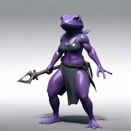 A female purple frog fighter is depicted holding a spear