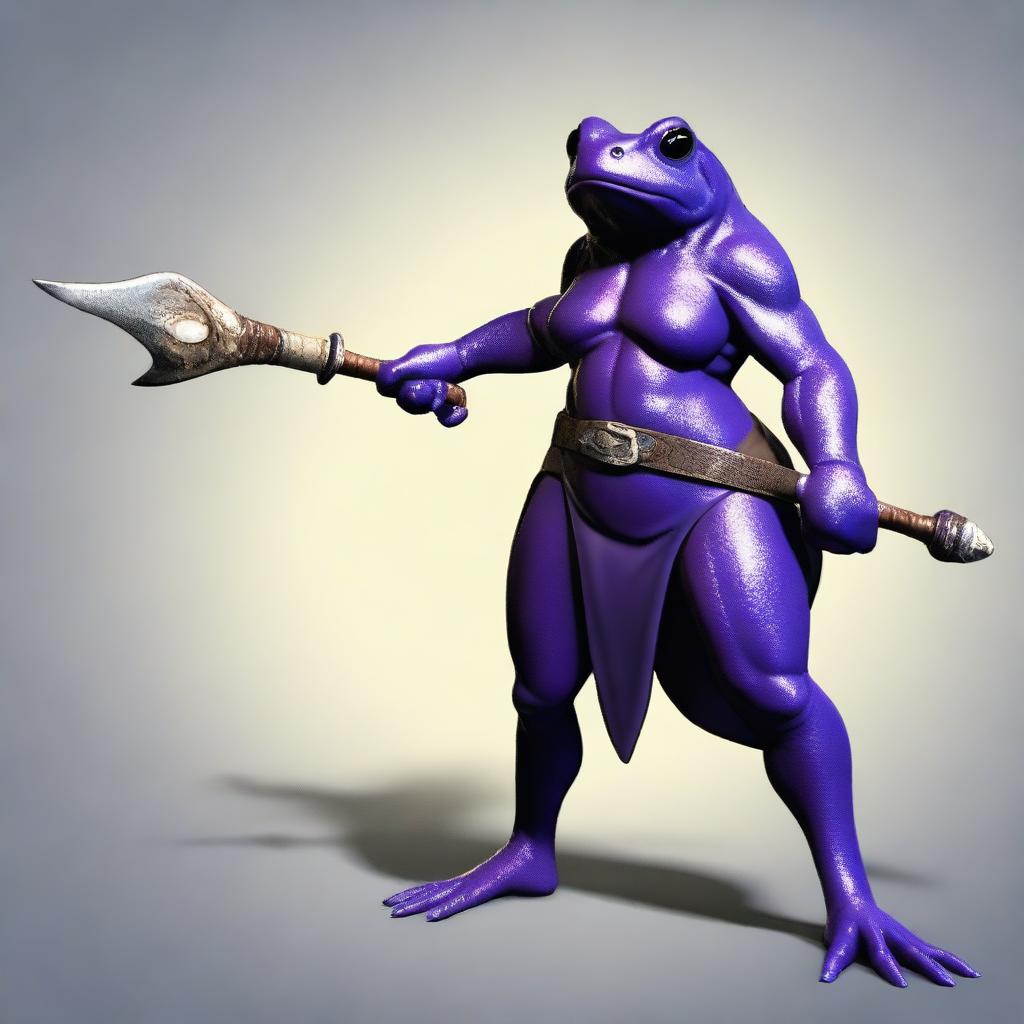 A female purple frog fighter is depicted holding a spear