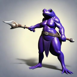 A female purple frog fighter is depicted holding a spear