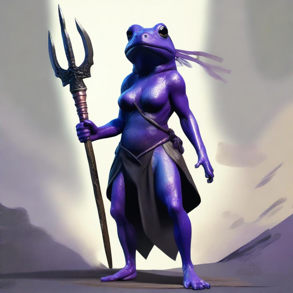 A female purple frog fighter is depicted holding a spear