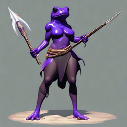 A female purple frog fighter is depicted holding a spear